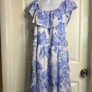 Floral Blue and White Ruffle Dress
